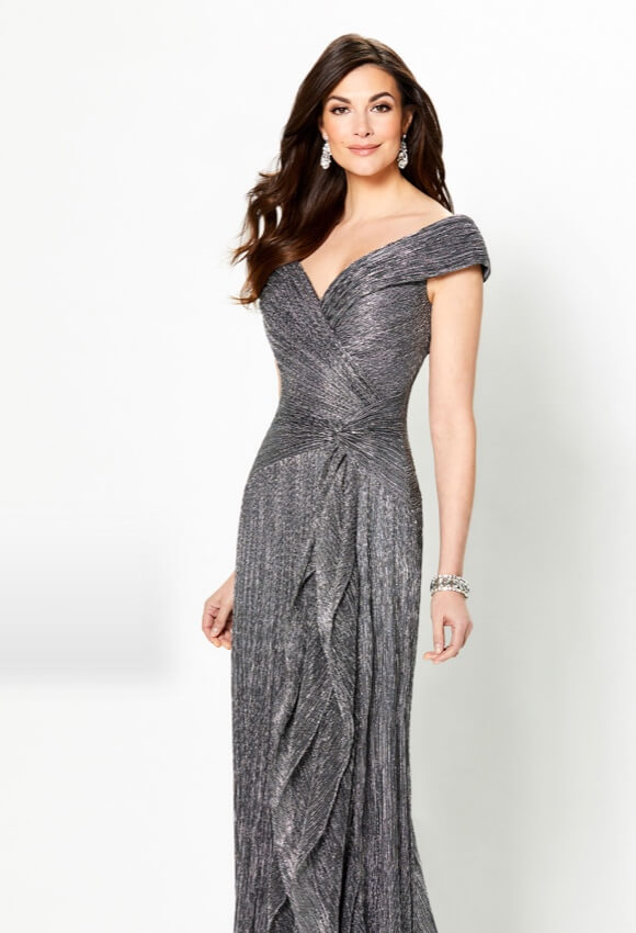 Model wearing gray evening dress
