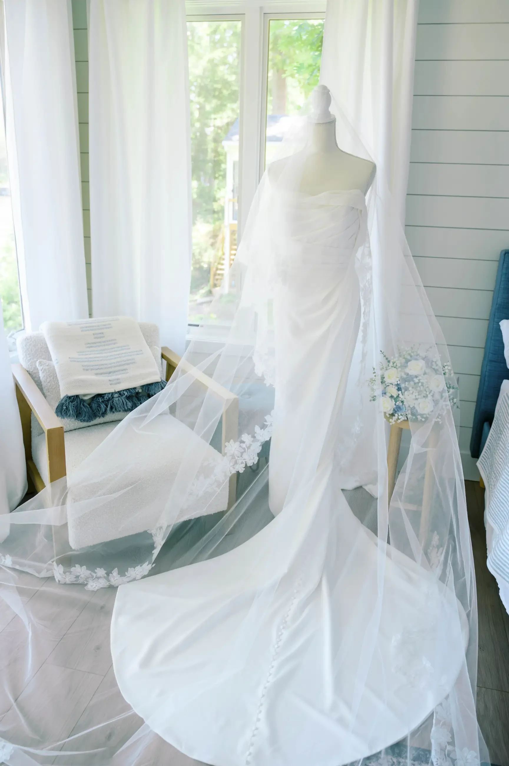 Serendipity Bridal wedding dress on a mannequin, waiting for Virginia to wear it.