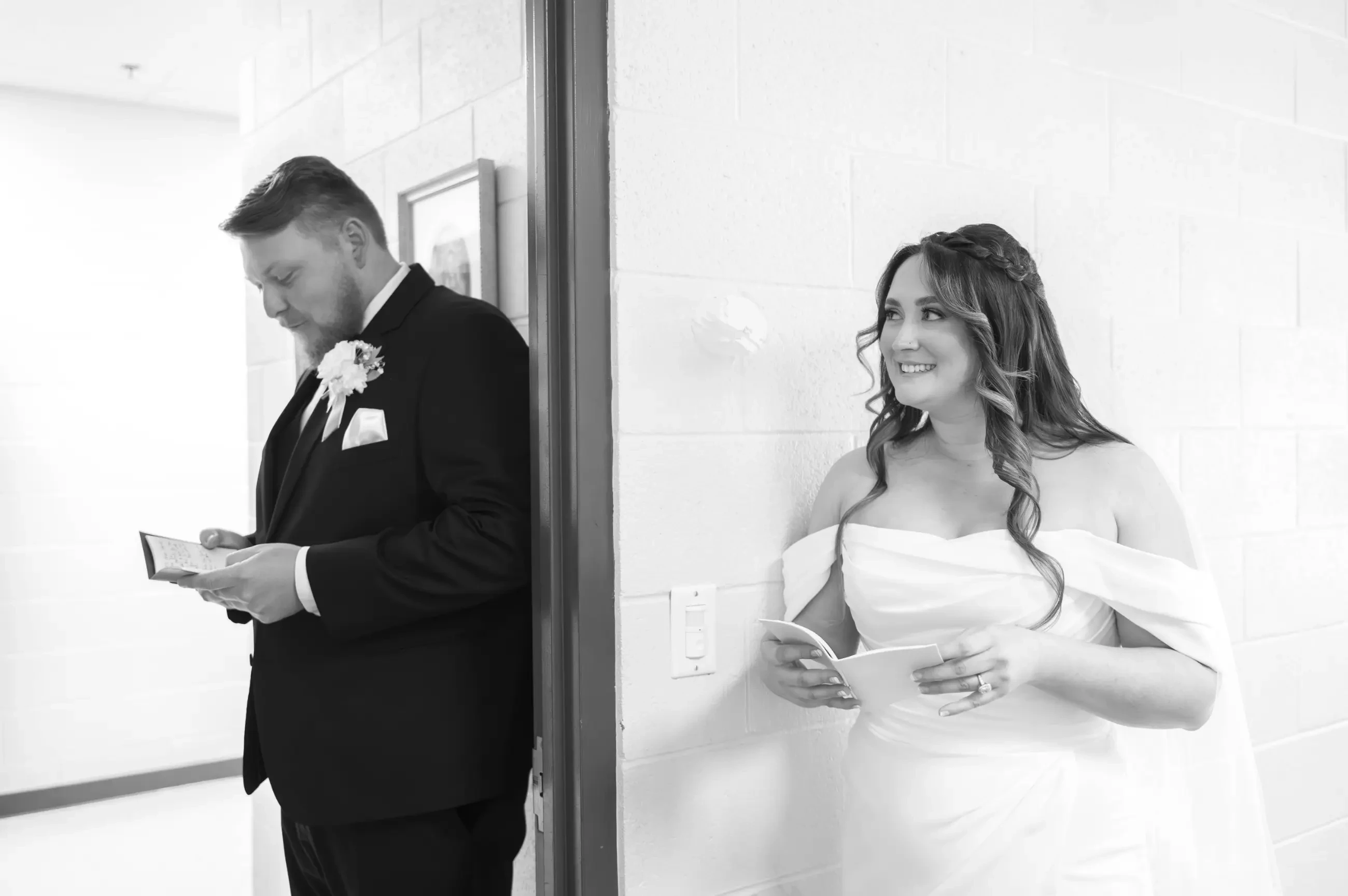 Bride and groom preparing for their speech together.
