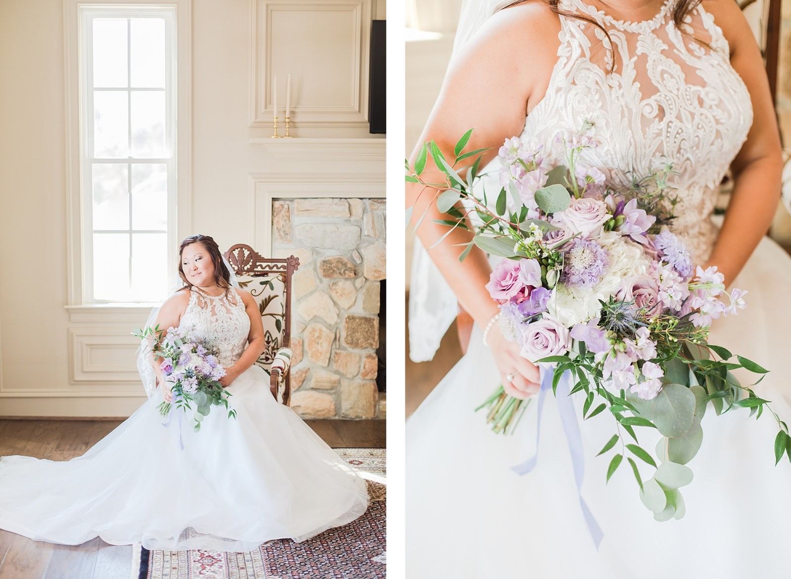 Photo of the real bride with a bouquet posing near the window